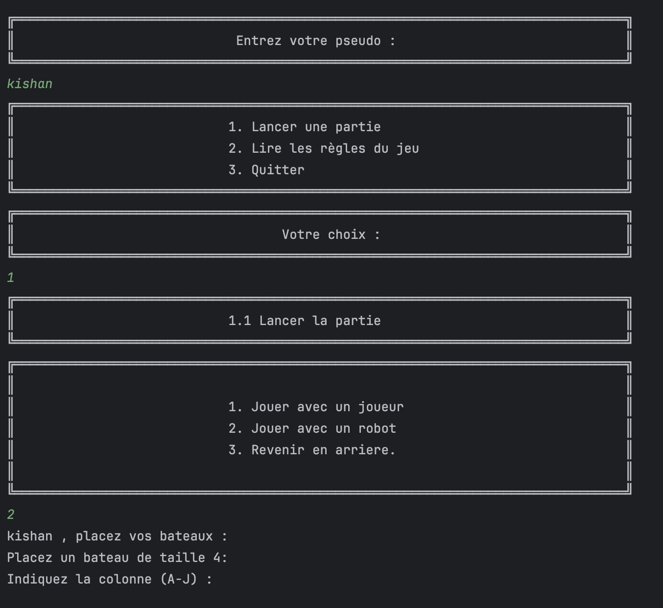 Capture d'écran du jeu Bataille Navale en terminal, suite de la partie